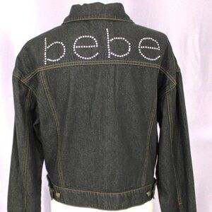 bebe Black Denim Jacket Rhinesbebe Black Denim Jacket Rtone Logo Back Medium NWT